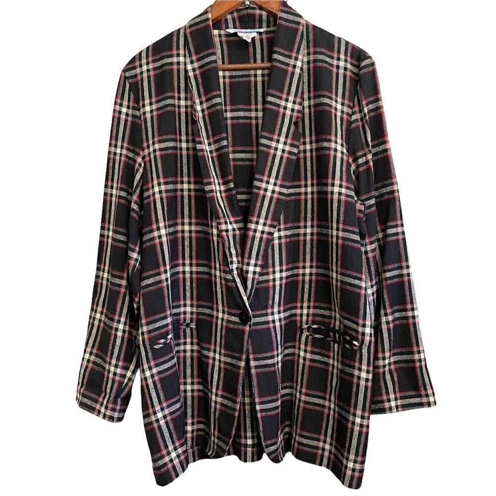 Ship N Shore Women's Black Red Plaid Relaxed Fit Academia Blazer Plus Size 14